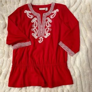 Chico's Red Tunic with White Embroidery